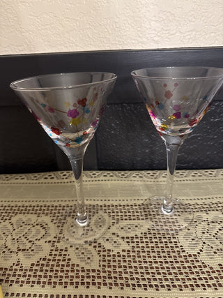 Vintage Clear Glass Martini Glasses embossed w/multiple color Flowers- sold as set of 2 - RCD
