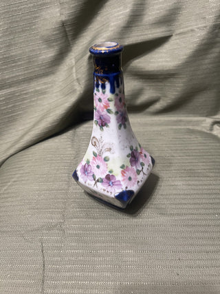 tall, hand-painted vase, pink flowers, cobalt trim rsv