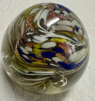 Vintage Art Glass Paperweight Blue, Yellow, Green Metalic  Flecks|52914