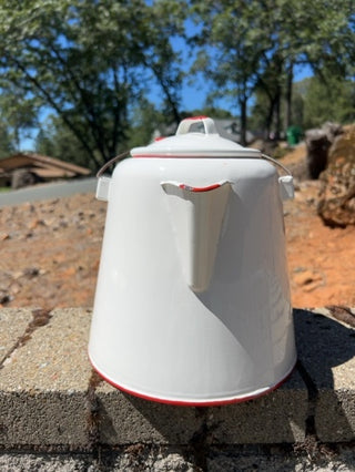 Vintage Extra-Large Enamel Ware Cowboy Coffee Pot Kettle Large Cowboy Camp Fire White Red