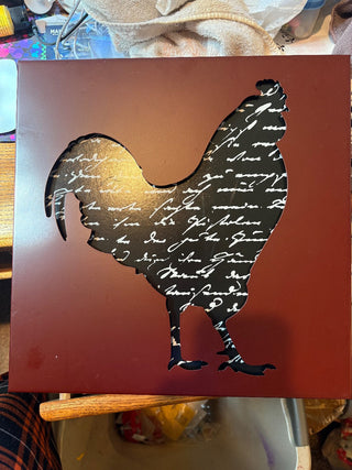 Metal wall are w.rooster cutout, script letter bkgd 13.5" x 13.5"