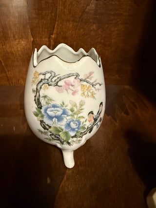 VTG Andrea by Sadek Japan Birds & Florals Egg Vase 3 Footed Large 4.75" Tall RCD