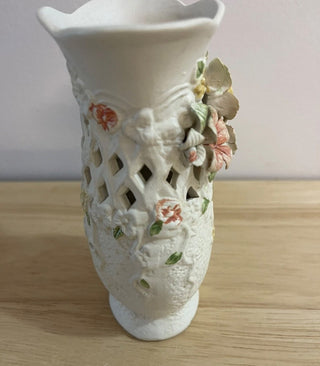 Vintage Porcelain Vase with Raised Porcelain Flowers. 5-1/2”.