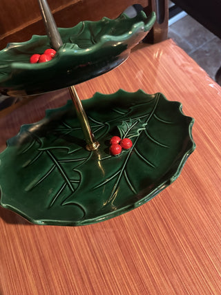 Vintage Lefton Christmas Holly Two Tier Server #62 VV MTS|95373