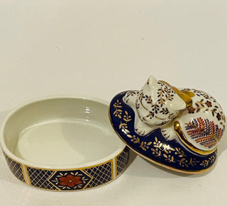 Vintage Takahashi Porcelain Cat Jewelry Trinket Box Blue Gold #62 VV MTS|69079