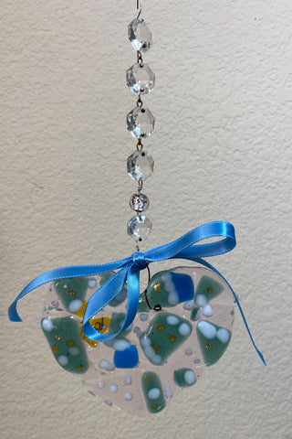 Art Glass Suncatcher Heart Blue/Green with Vintage Prisms 4.5 inch  RSV
