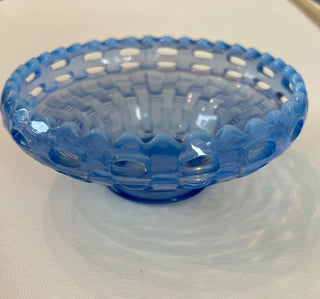 Fenton blue opalescent glass basket weave bowl|61314