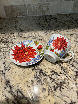 Red Chrysanthemum Blue Flower Tea Cup & Saucer RCD