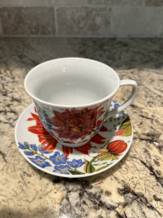 Red Chrysanthemum Blue Flower Tea Cup & Saucer RCD