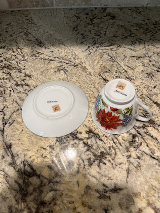 Red Chrysanthemum Blue Flower Tea Cup & Saucer RCD