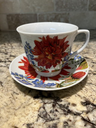 Red Chrysanthemum Blue Flower Tea Cup & Saucer RCD