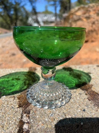 SET OF 3 Anchor Hocking Emerald Green Bubble Feet Champagne / Sherbet Glasses