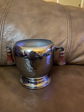 Small chrome container with 2 wood handles