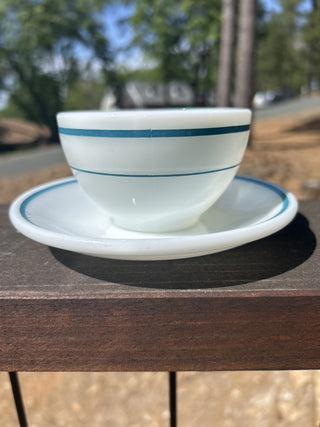 12F Vintage Pyrex Cup And Saucer Blue Band Stripe Milk Glads RSV|66885
