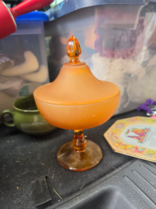 Amber satin finish glass candy dish