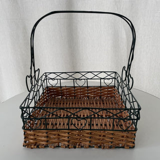Wicker basket w/ green metal handle and hearts RSV