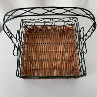 Wicker basket w/ green metal handle and hearts RSV