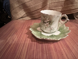 #62 vv Vintage porcelain leaf patterned cup and saucer green MTS|57398