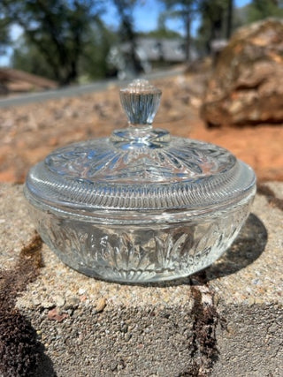 JP vintage Avon clear pressed glass lidded candy dish