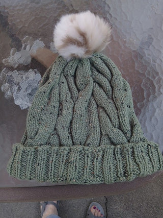 Light Green Hand Knit Cable Beanie w/PomPom