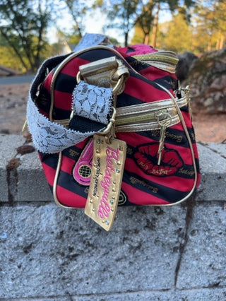 JP Betsey Johnson Betseyville makeup patch handbag featuring beauty-themed embroidered patches