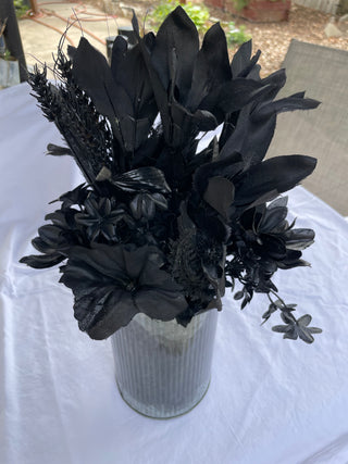 Corrugated Metal Vase w/ Black Flowers