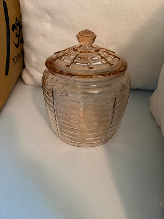 vintage pink depression paneled rib pattern cookie jar rsv
