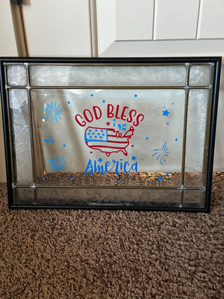 leaded glass wall sign - "God Bless America", framed, 11x14" RCD