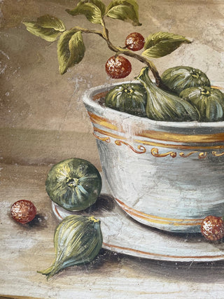 BEAUTIFUL" FIGS IN BOWL" STILL LIFE CANVAS 24" X 24" WIRE HANGER.  STURDY & SOLID WOOD FRAME ON BACK. HEAVYWEIGHT CANVAS HAS LOVELY TEXTURE LIKE AN ORIGINAL ART PIECE. FROM HIGH END BAY AREA INTERIOR DESIGN SHOP - DESIGN & INTERIORS LOS ALTOS (KJS) RCD|163895