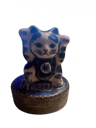 China Porcelain Blue White Cat Trinket Box Pill Snuff Box Mirrored Hello Kitty #62 VV MTS