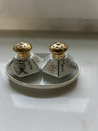 Vintage MCM Geometric Birdcage Atomic Design Salt Pepper Shakers Hexagon Gold-RSV
