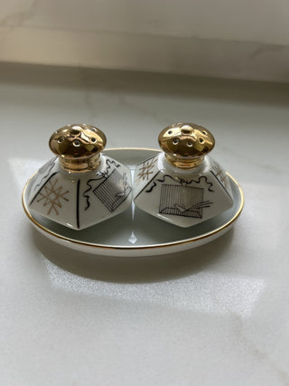 Vintage MCM Geometric Birdcage Atomic Design Salt Pepper Shakers Hexagon Gold-RSV