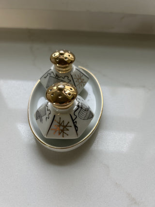 Vintage MCM Geometric Birdcage Atomic Design Salt Pepper Shakers Hexagon Gold-RSV