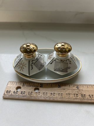 Vintage MCM Geometric Birdcage Atomic Design Salt Pepper Shakers Hexagon Gold-RSV