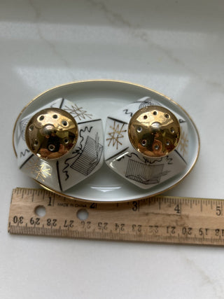 Vintage MCM Geometric Birdcage Atomic Design Salt Pepper Shakers Hexagon Gold-RSV
