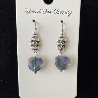 silver tone earrings w/ purple glass heart RSV