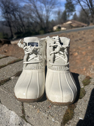 #2 Sperry Saltwater Duck Boots Ivory Girls Size 9M Metallic Silver Zip Up