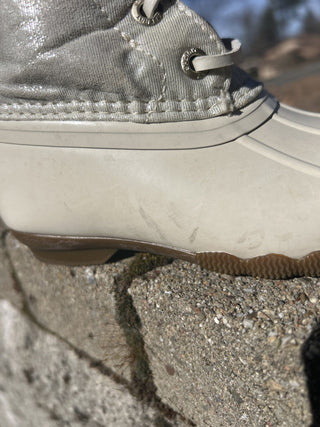 #2 Sperry Saltwater Duck Boots Ivory Girls Size 9M Metallic Silver Zip Up