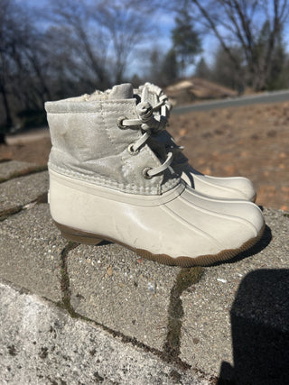#2 Sperry Saltwater Duck Boots Ivory Girls Size 9M Metallic Silver Zip Up