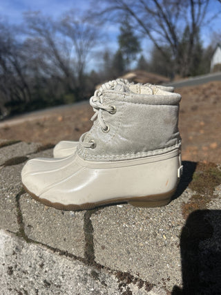 #2 Sperry Saltwater Duck Boots Ivory Girls Size 9M Metallic Silver Zip Up
