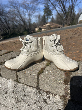 #2 Sperry Saltwater Duck Boots Ivory Girls Size 9M Metallic Silver Zip Up