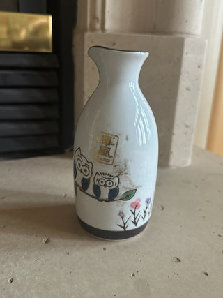 Japanese Sake Bottle - Two Owls on a Branch w/pink & purple flowers -|50650