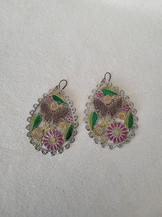 Vtg Enamel Butterfly & Flower 2-1/4" Earrings RCD
