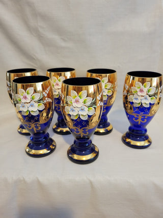 Set of 6 Vtg Bohemian Czech Cobalt & Gold Glasses RCD|96277