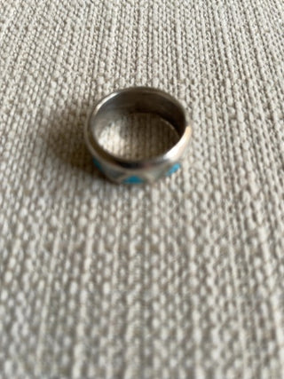 Vintage Inlay Turquoise And Mother Of Pearl Silver Band Ring  Size 7
