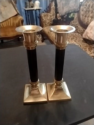 Pair of brass & black candle holders