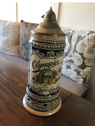Vintage Olympia Beer Mug Stein Gold Horse Shoe Ceramarte Brazil Pewter Lid #47 VV MTS