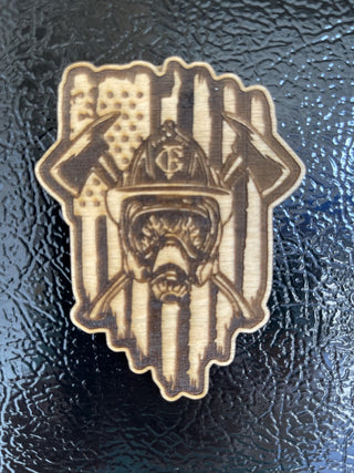 Fire Fighter Mask and Axes on Flag Engraved Wood Magnet|71740