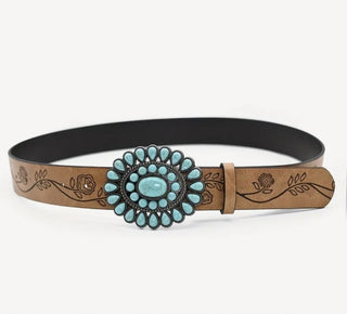 12F Bohemian Style Embossed Oval Turquoise Buckle Belt Size M RSV|68531