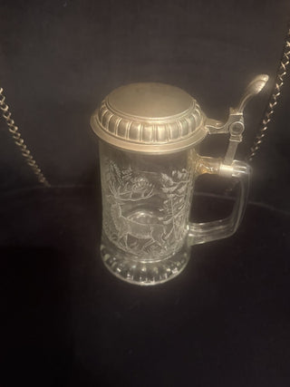 Etched Deer Crystal Beer Stein Tankard Glass Mug / w Pewter Lid Germany #47 VV MTS